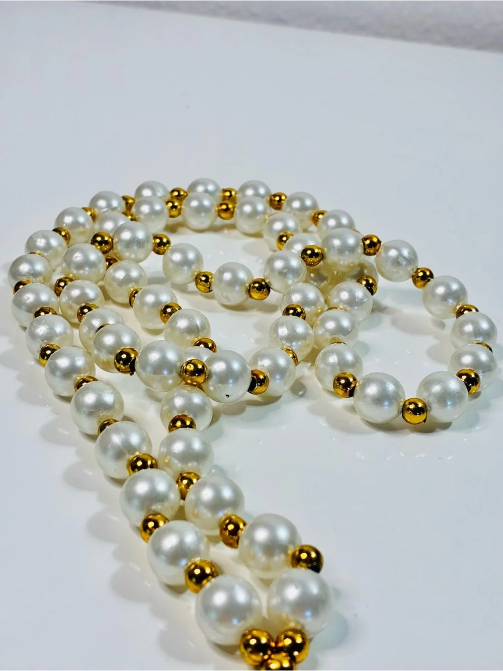 Venetian-Style Mardi Gras  White Pearl Bead Necklace with Gold Moon Mask Pendant